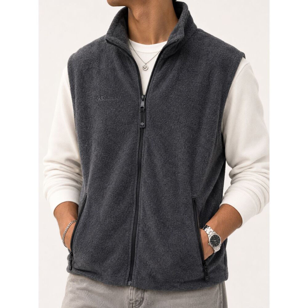 NWT Columbia Cathedral Peak Fleece Vest Mens M Gray Full Zip Outdoor Hiking